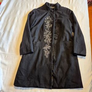 Monsoon Women's size US 6 or UK 10 Elegant Black Coat with Floral Embroidery